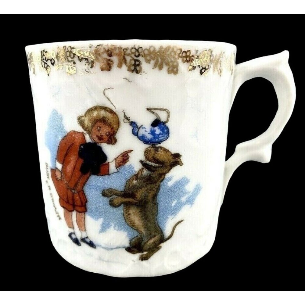 Vintage Buster Brown Child's Porcelain Cup Mug Advertisement Gold Trim 2.75" Hig